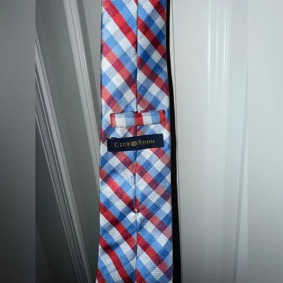 Men’s Club Room Plaid Red White and Blue Tie - Picture 4 of 5
